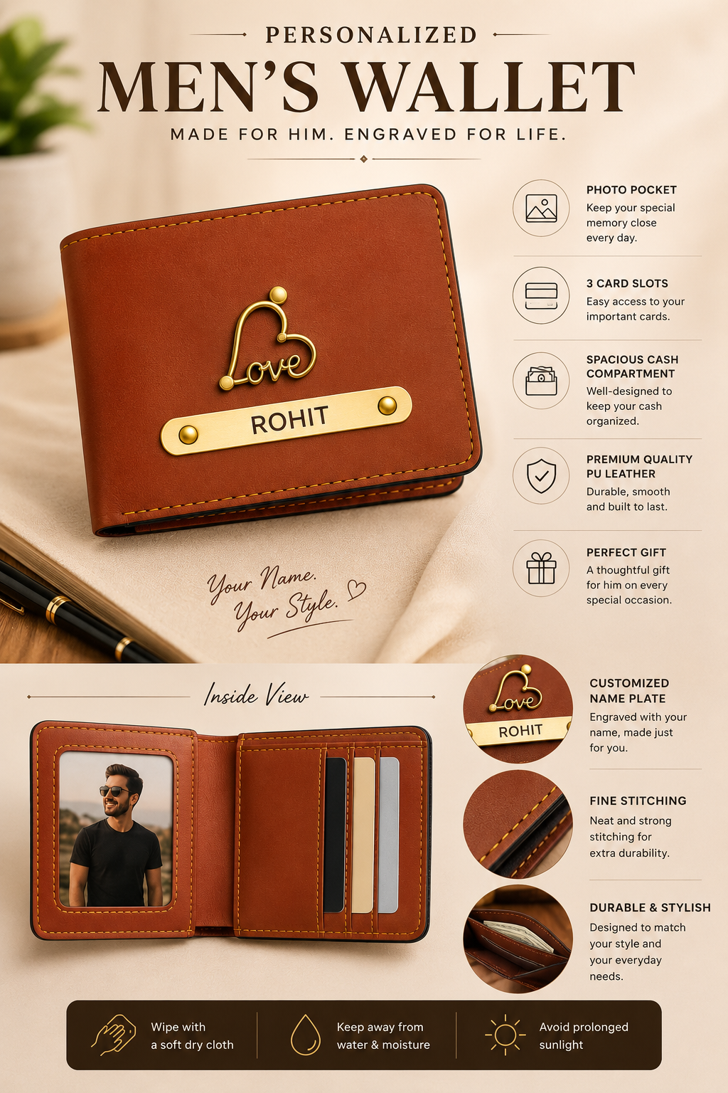Men’s Wallet with Custom Name & Charm