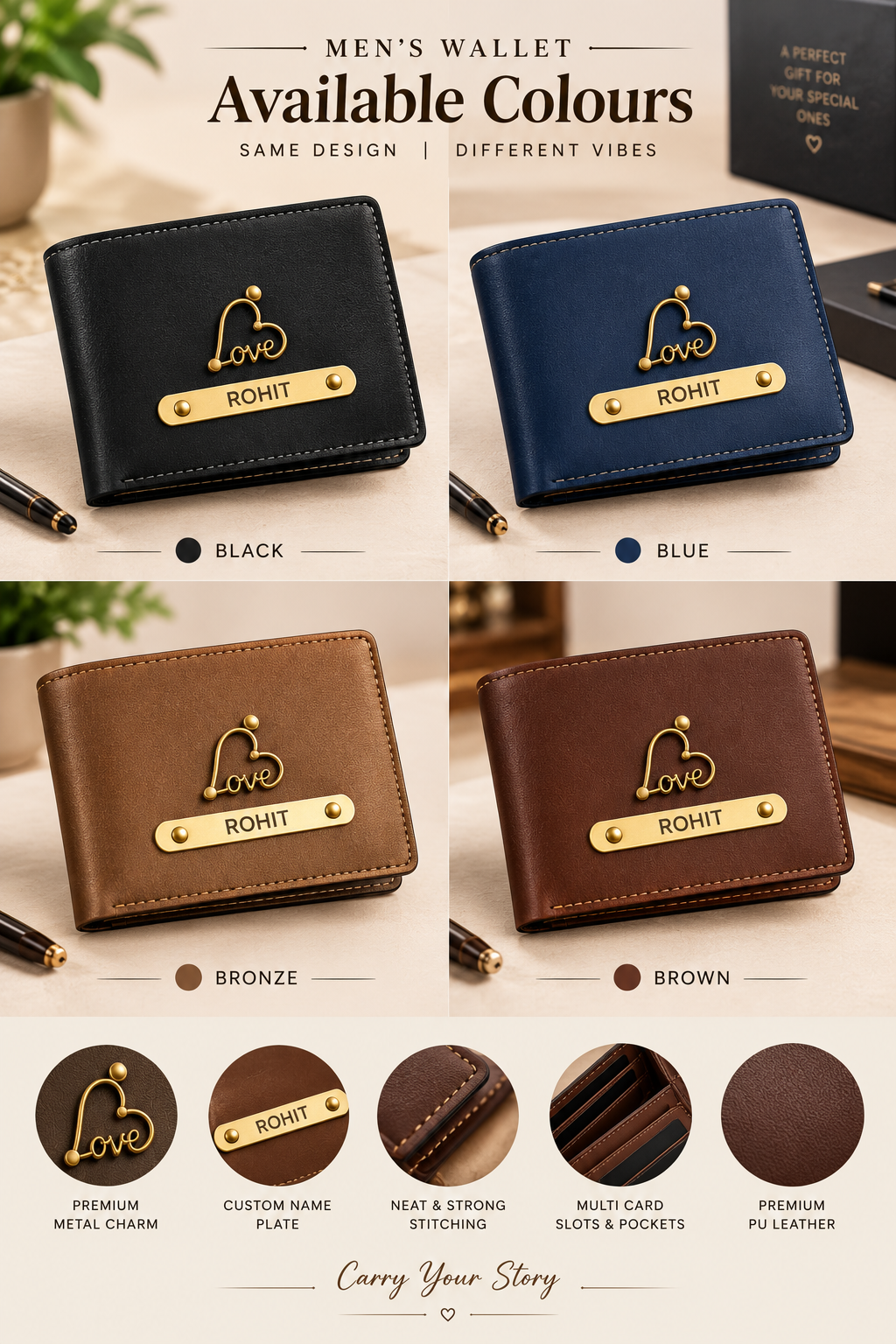 Men’s Wallet with Custom Name & Charm